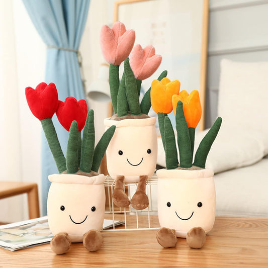 3-Pack Tulip Flower Pot Plush Set Red/Orange/Pink