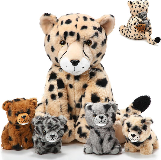 Sitting-Style Cheetah Family Plush Set with 4 Cubs