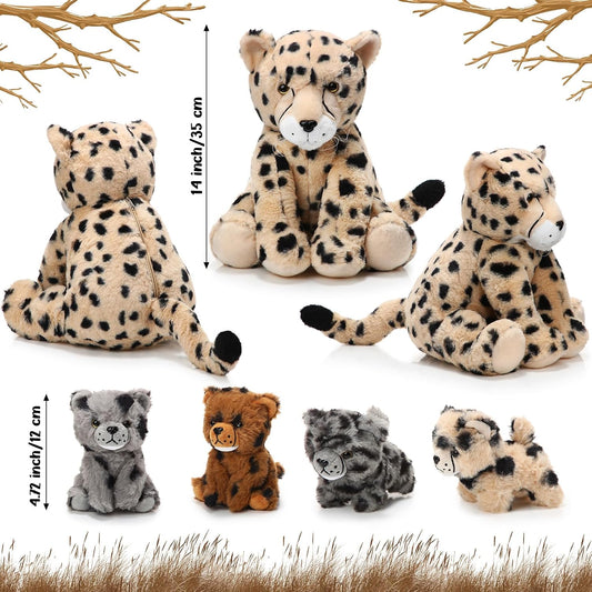 Sitting-Style Cheetah Family Plush Set with 4 Cubs